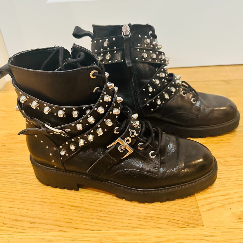 Zara Basic Collection Lug Sole Crystal & Stud Leather Moto Ankle Boots, size 7.5